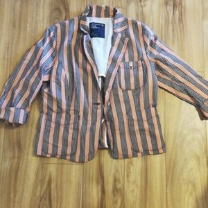 Short waisted blue and salmon striped blazer